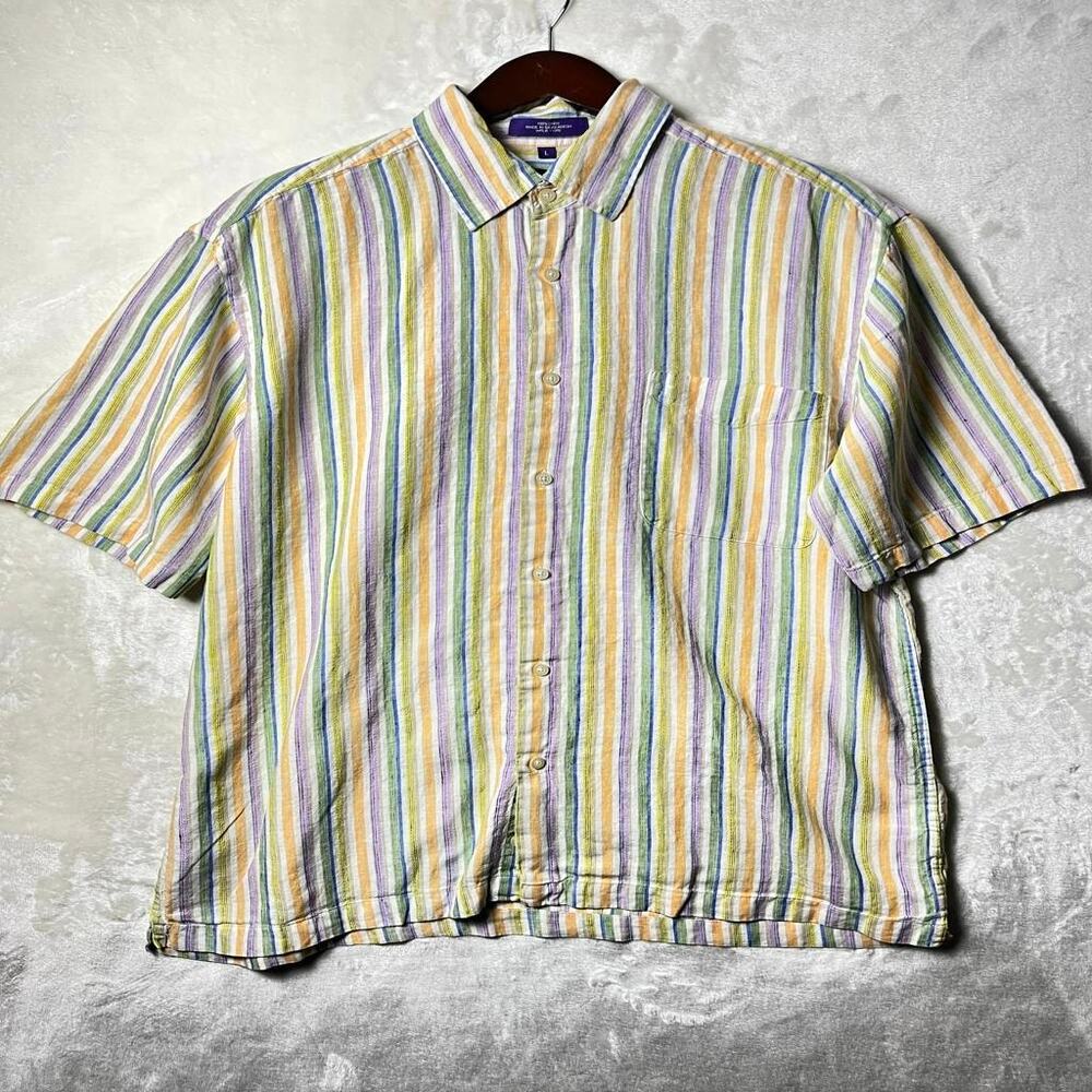 Alan Flusser Purple Label Spring Linen Button Up Shirt Men's L Pastel Stripe